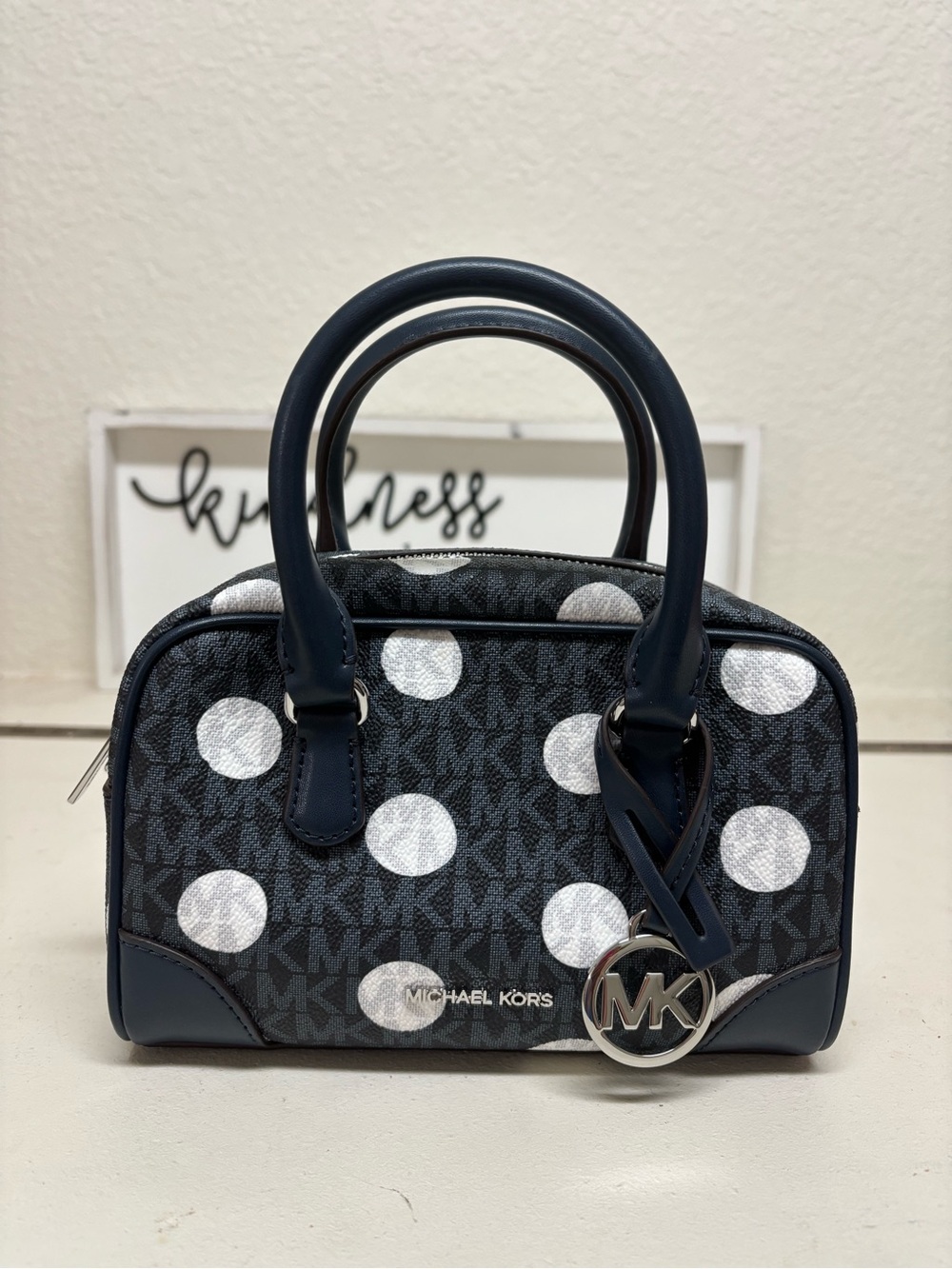 Michael Kors Navy Polka Dot Mini Satchel with Silver Hardware
